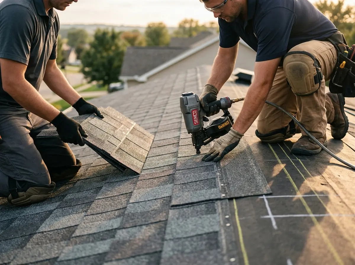 Professional roofer working on a residential roof in Macclenny